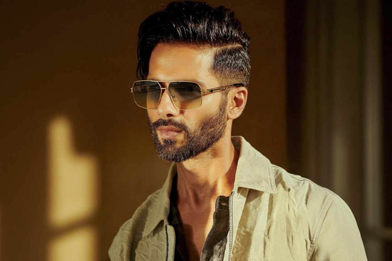 Man wearing sunglasses and a light-colored shirt against a blurred background