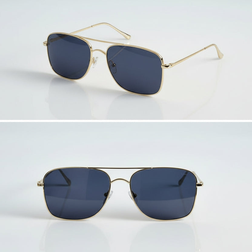 Gold-framed sunglasses with blue lenses on a light gray background