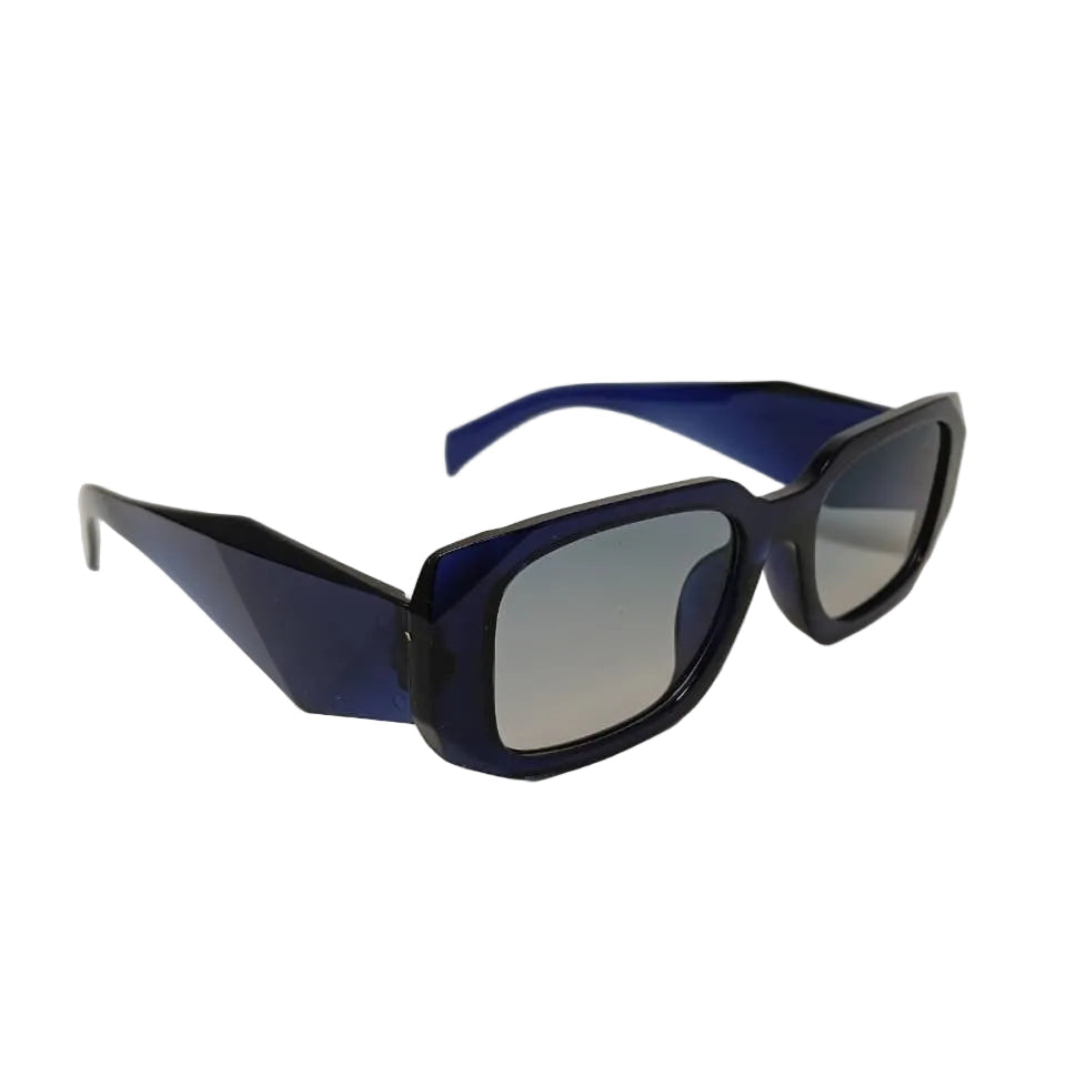 Sunglasses with blue frames and gradient lenses on a light gray background