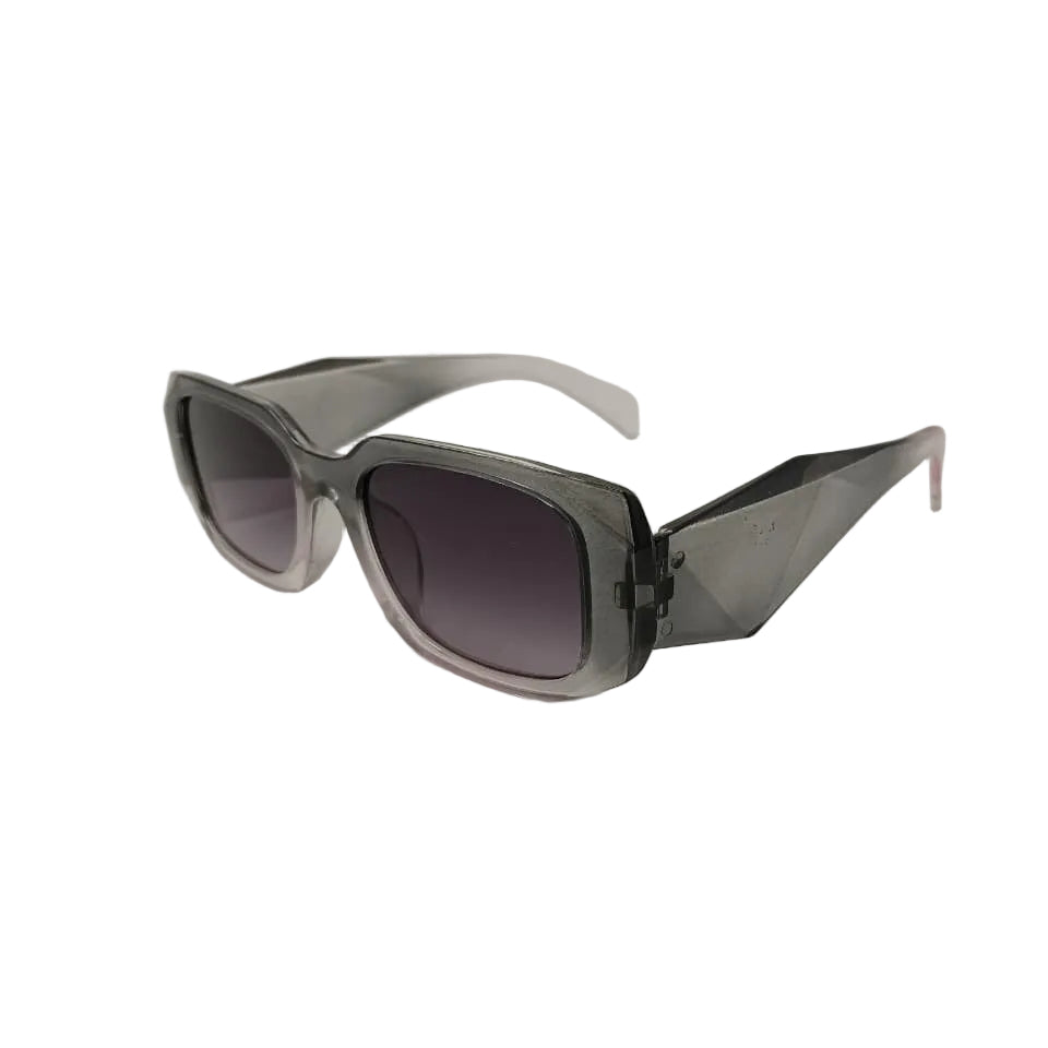 Sunglasses with a gray frame and dark lenses on a light gray background
