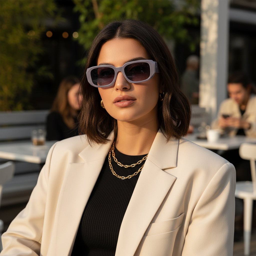 Purple sunglasses on a light gray background