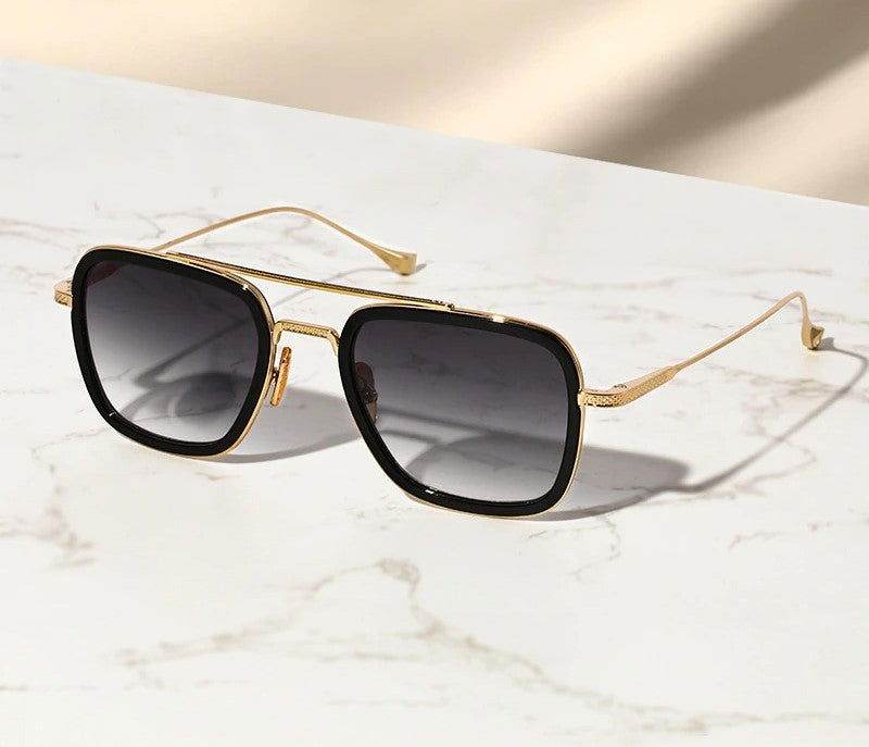 Sunglass Lover gold metal frame gradient double bridge square sunglasses with black rim and gray lenses