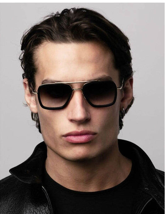 Sunglass Lover gradient double bridge square sunglasses on male model with black frames and gradient lenses