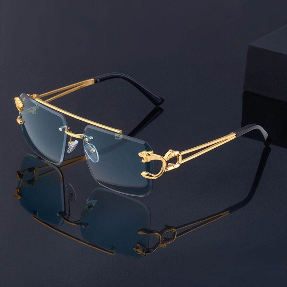 retro rimless sunglasses for men from Sunglass Lover with gold temples and blue gradient lenses