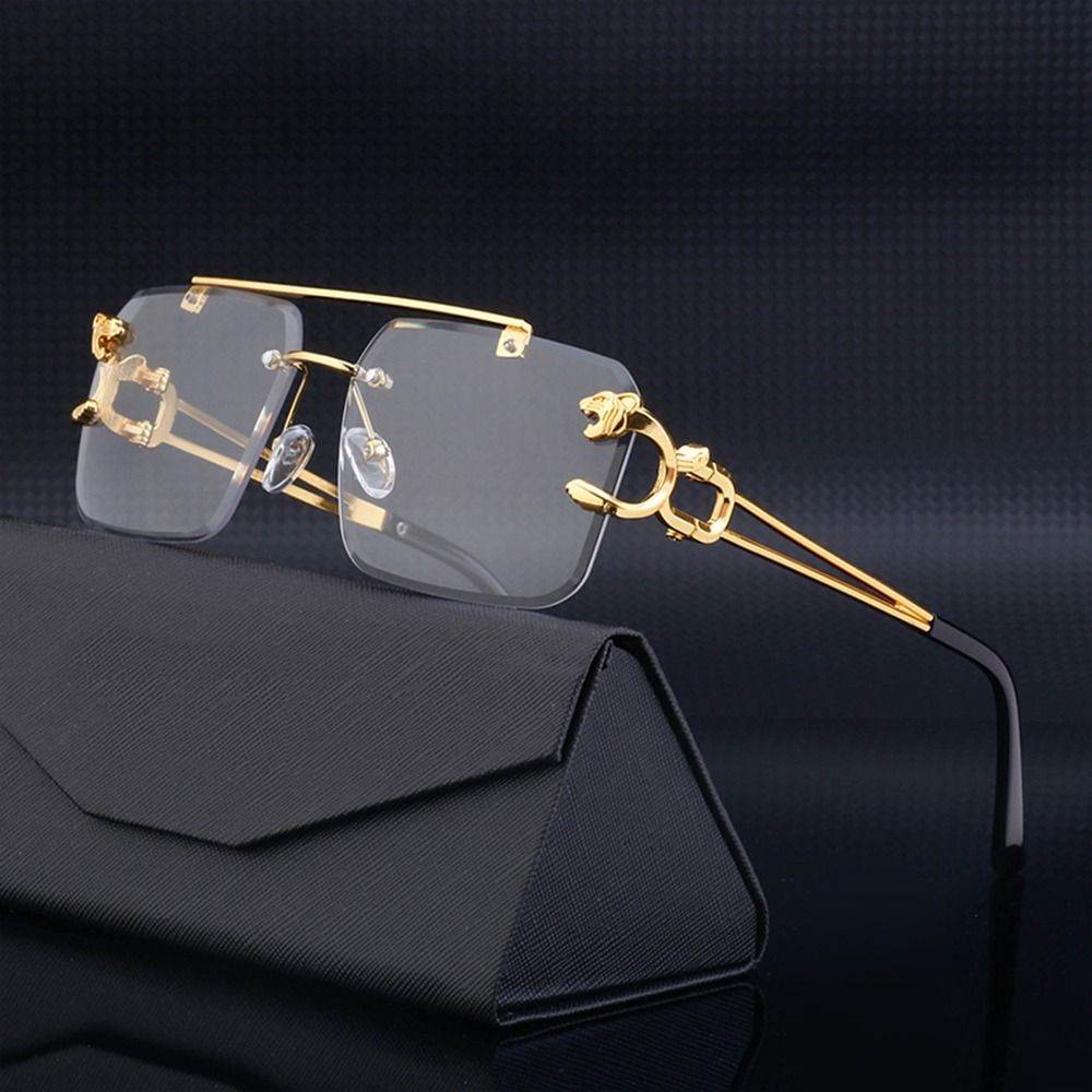 Sunglass Lover gold trim retro rimless sunglasses for men with clear rectangular lenses and decorative temples