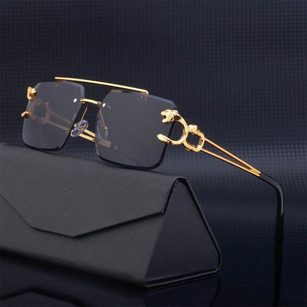 Sunglass Lover retro rimless sunglasses for men gold frame dark square lenses luxury panther temple detail