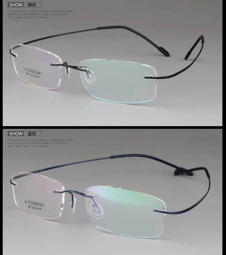 Sunglass Lover titanium rimless optical frame rectangular lenses lightweight black and blue temples
