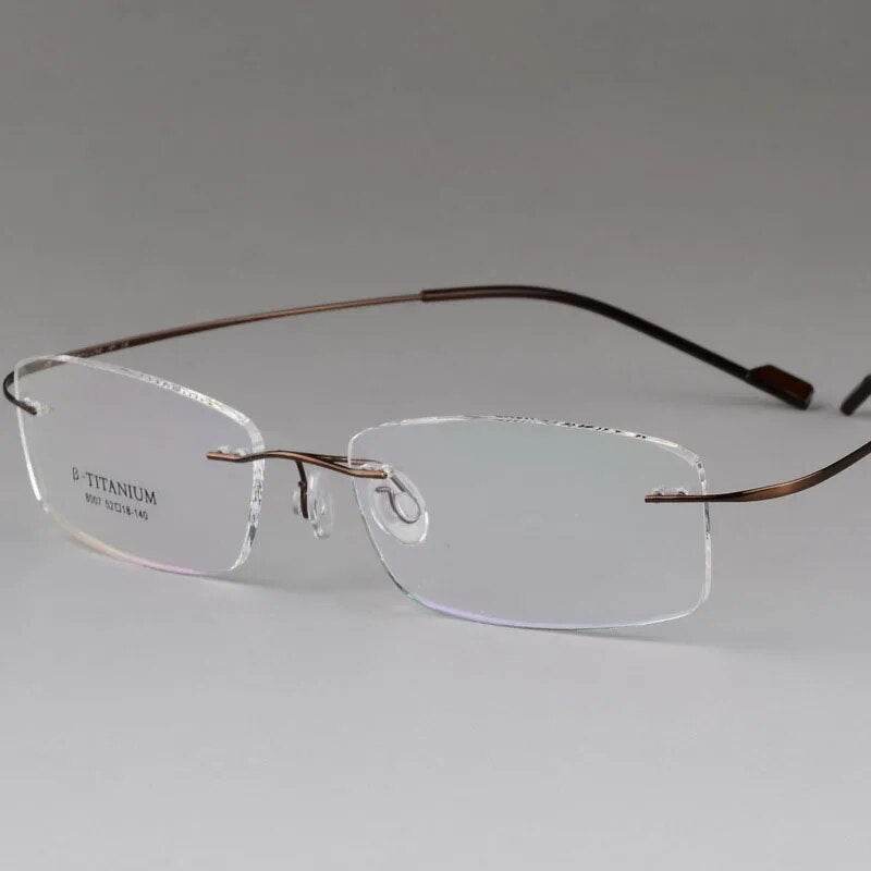 Sunglass Lover titanium rimless optical frame rectangular clear lenses with thin brown temples and nose pads