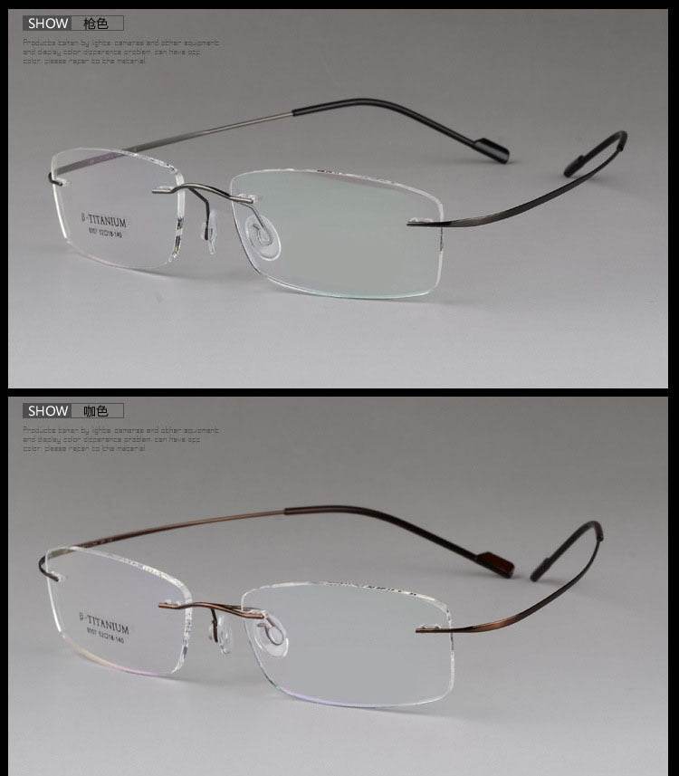 Sunglass Lover titanium rimless optical frame in silver and brown with adjustable nose pads and slim temples