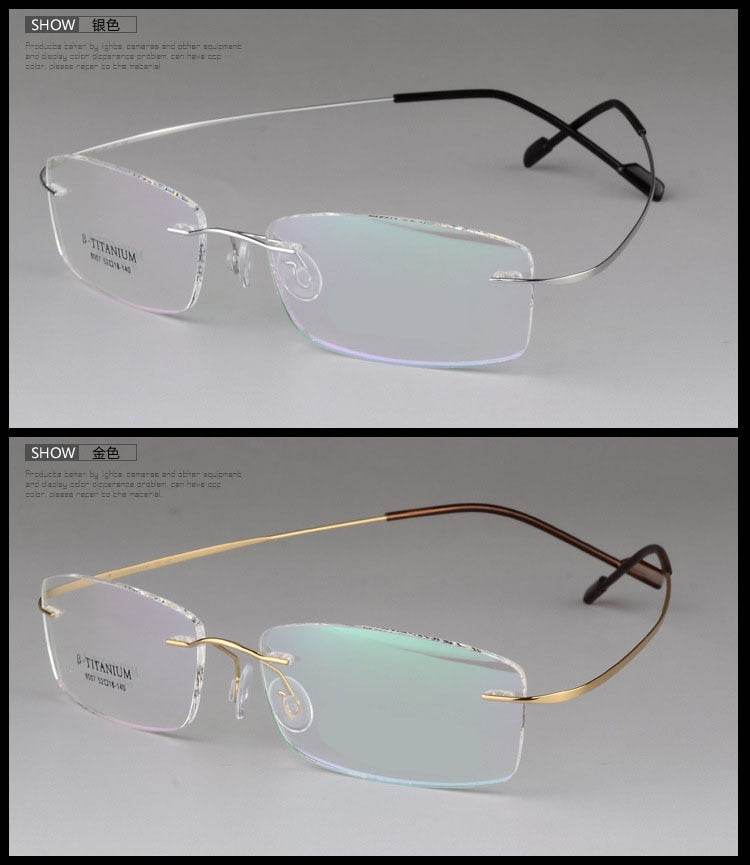 Sunglass Lover titanium rimless optical frame rimless eyeglasses in silver and gold with adjustable nose pads