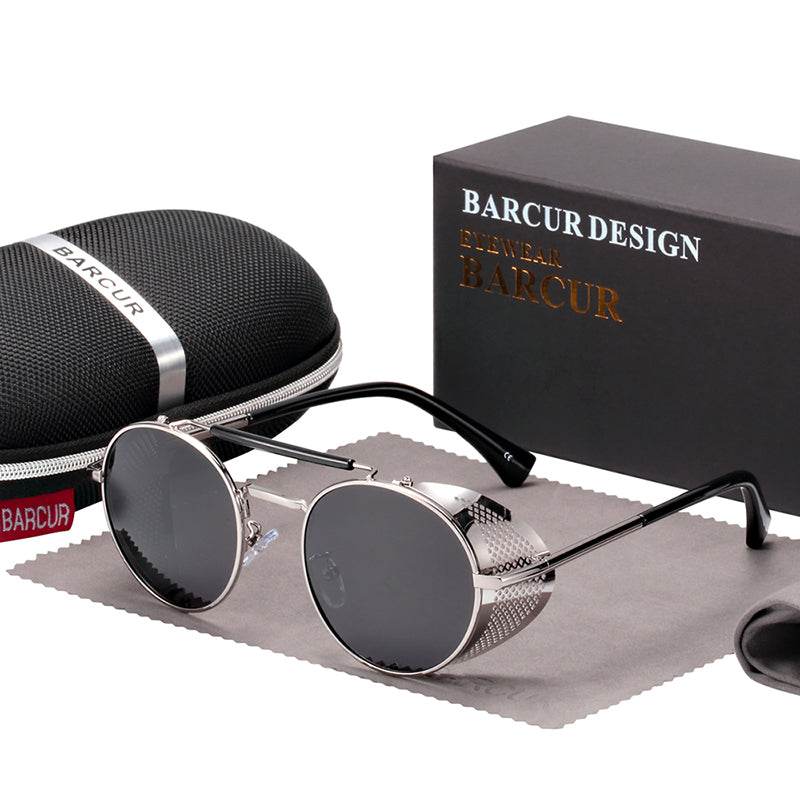 Sunglass Lover vintage steampunk sunglasses round silver frames with side shields and black lenses with case