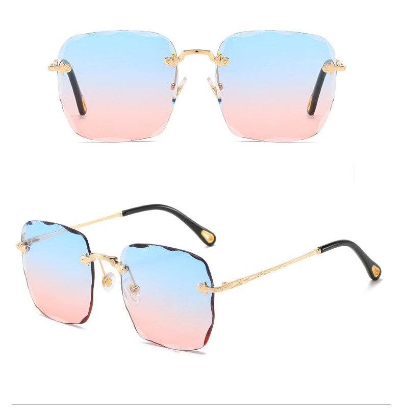 Sunglass Lover rimless oversize square sunglasses with blue to pink gradient lenses gold arms black tips