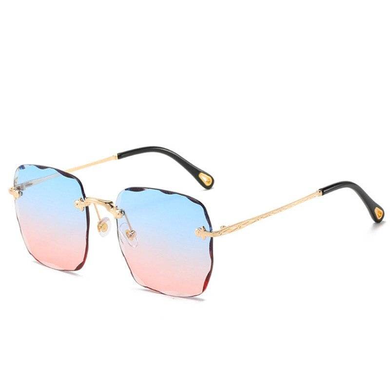 Sunglass Lover rimless oversize square sunglasses with blue to pink gradient lenses and gold filigree temples