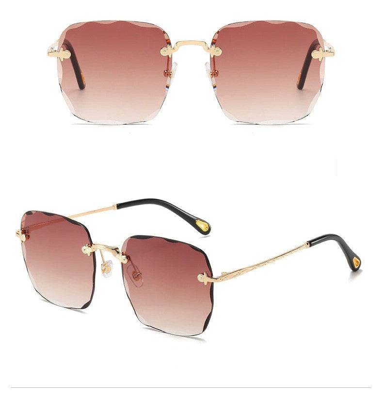 Sunglass Lover rimless oversize square sunglasses with gold temples and pink gradient lenses