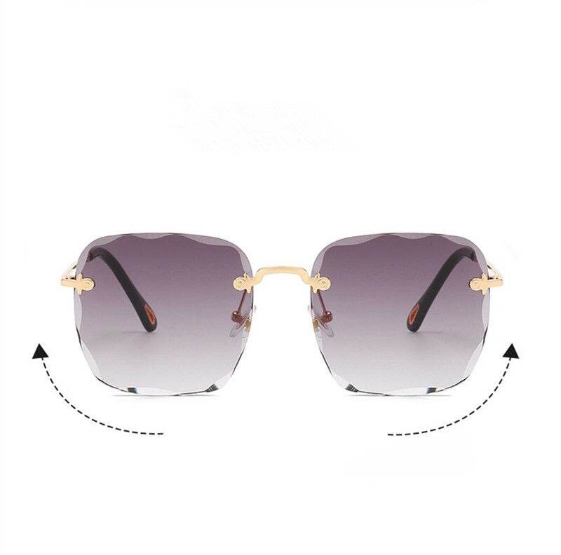 Sunglass Lover rimless oversize square sunglasses with gradient purple lenses gold bridge and black temple tips