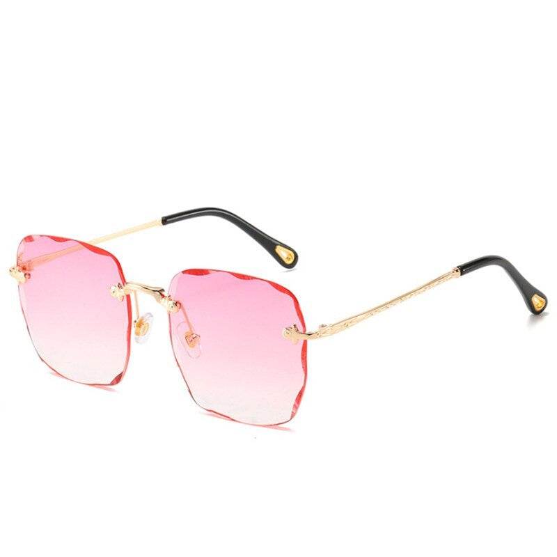 Sunglass Lover rimless oversize square sunglasses pink gradient lenses gold temples black tips fashion accessory