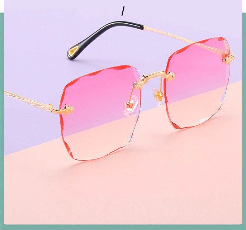 Sunglass Lover rimless oversize square sunglasses pink ombre lenses gold temples delicate nose pads