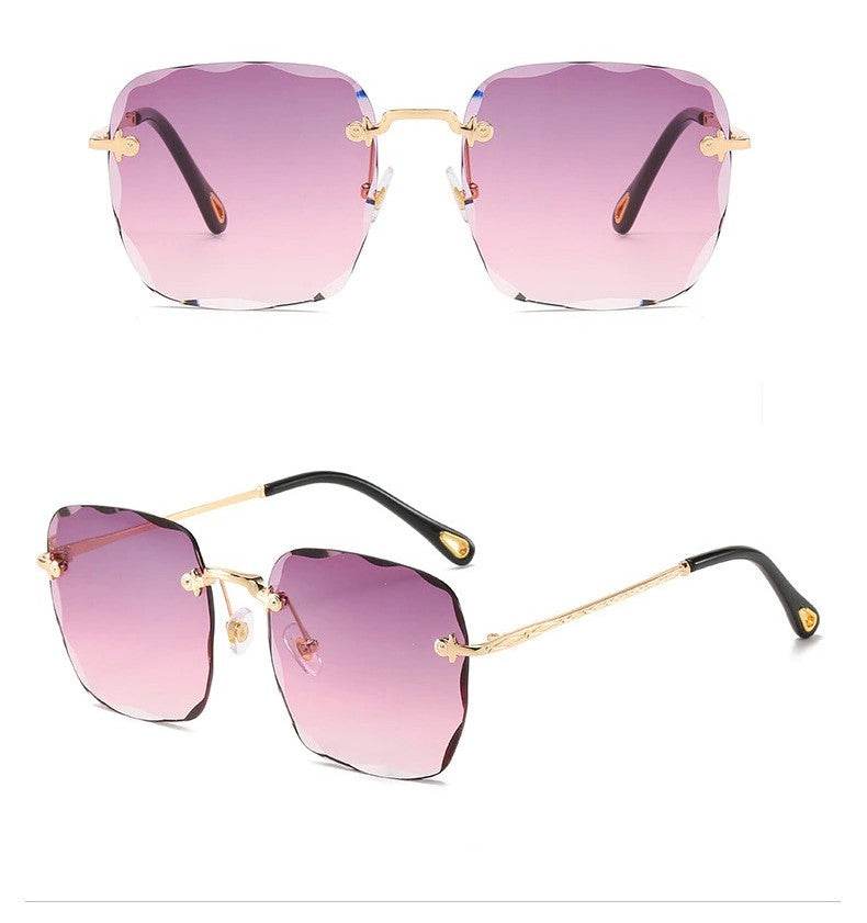 Sunglass Lover rimless oversize square sunglasses with purple gradient lenses and gold temples