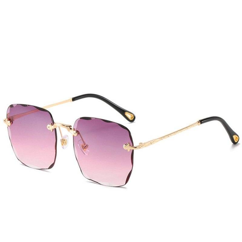 Sunglass Lover rimless oversize square sunglasses with gold temples and purple gradient lenses