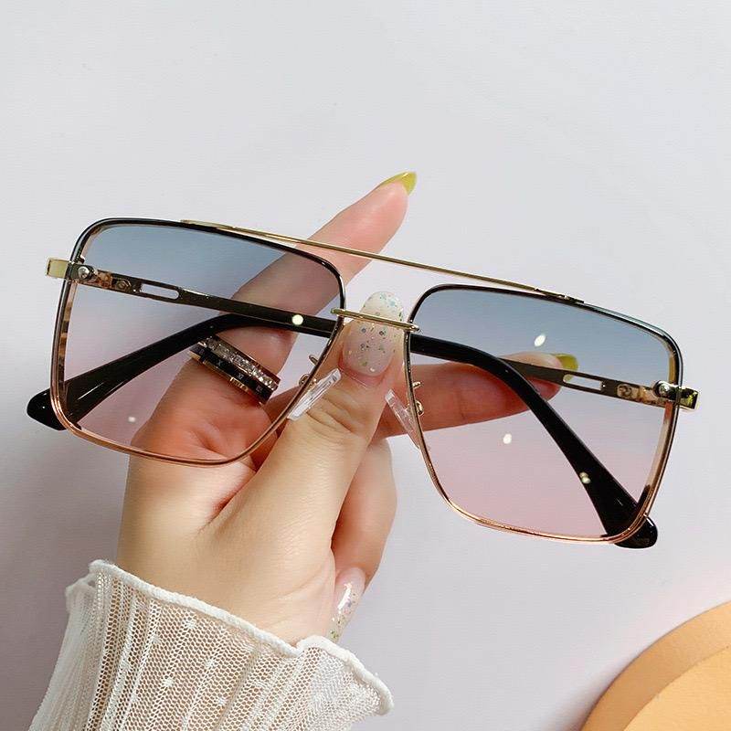 Sunglass Lover square rimless sunglasses for women with gold double bridge and blue pink gradient lenses
