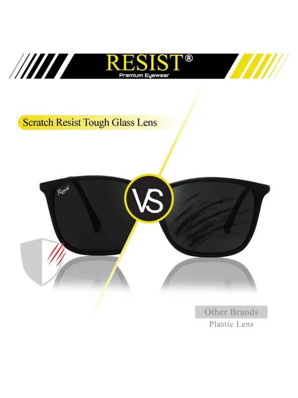 Sunglass Lover RESIST black wayfarer sunglasses for men and women. Scratch resistant glass lens vs scratched plastic lens compare