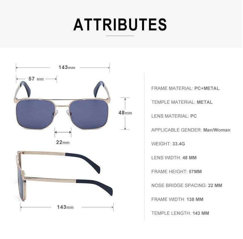 Sunglass Lover trendy square luxury sunglasses gold metal frame blue lenses detailed dimensions