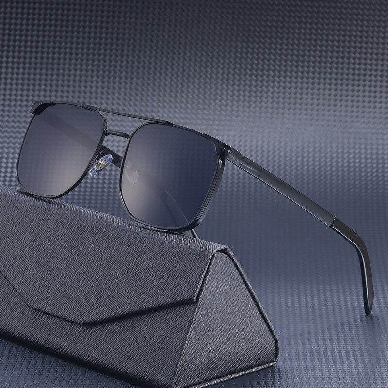 Sunglass Lover black metal frames with double bridge on textured case trendy square luxury sunglasses with polarized dark lenses