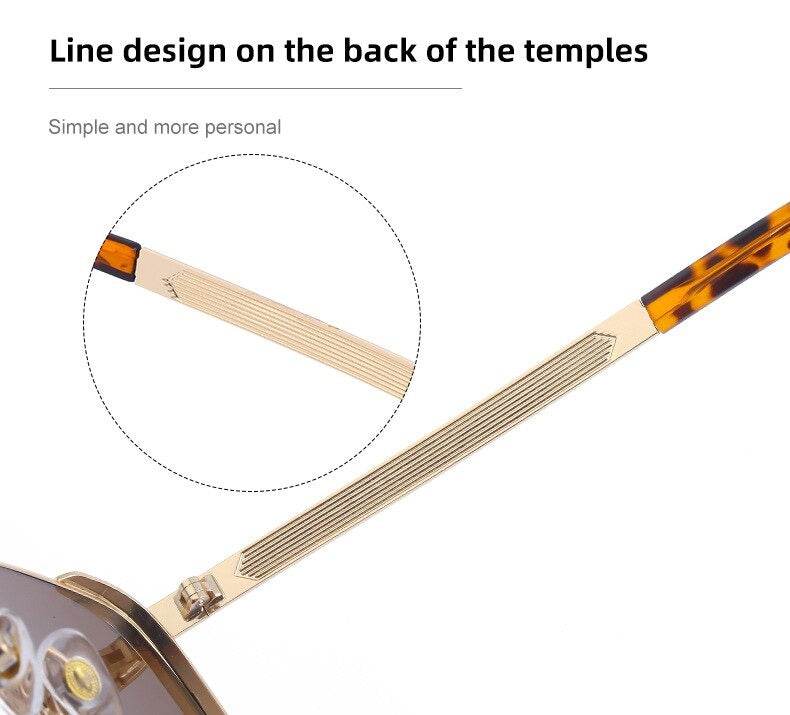 Sunglass Lover close up of gold temple arm with line design and tortoiseshell tip on trendy square luxury sunglasses