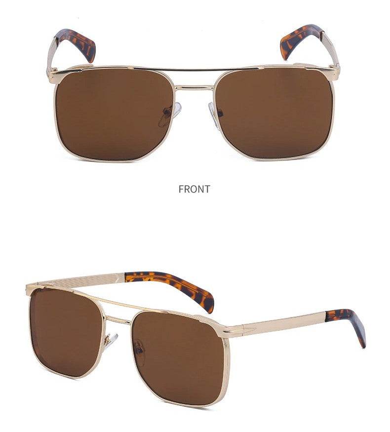 Sunglass Lover gold metal frame sunglasses with brown lenses and tortoiseshell temple tips trendy square luxury sunglasses