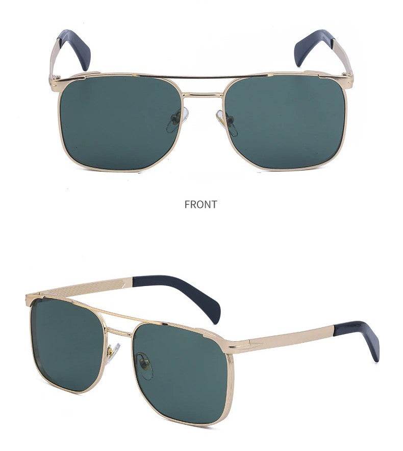 Sunglass Lover gold metal frame dark green lenses with navy temple tips trendy square luxury sunglasses