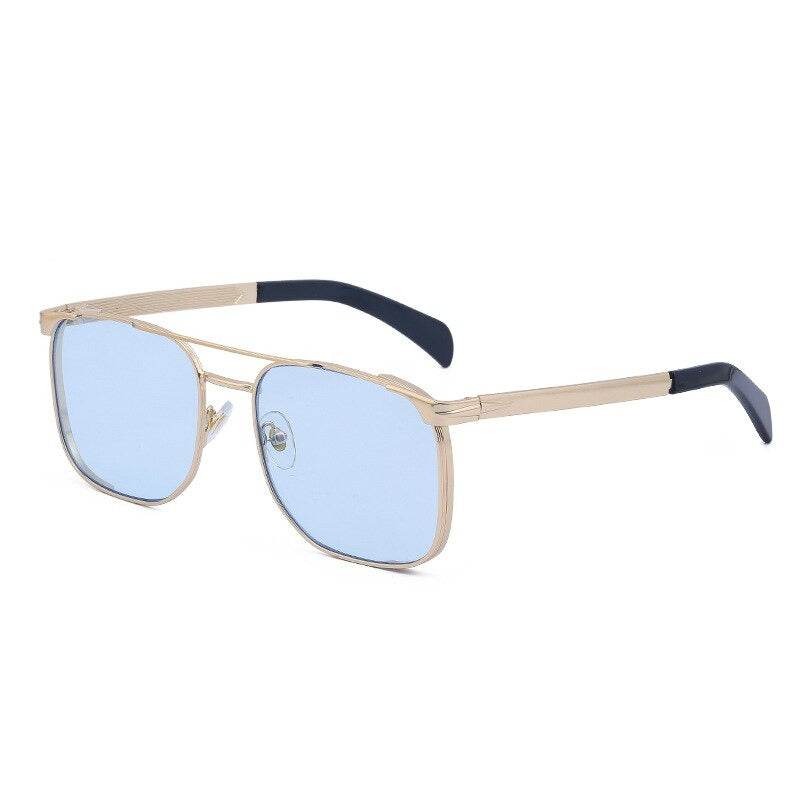 Sunglass Lover gold frame sunglasses with light blue lenses and black temple tips trendy square luxury sunglasses