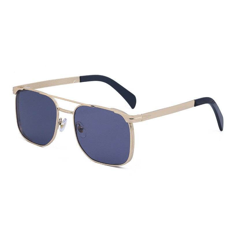 Sunglass Lover gold metal frame with blue lenses and black temple tips trendy square luxury sunglasses