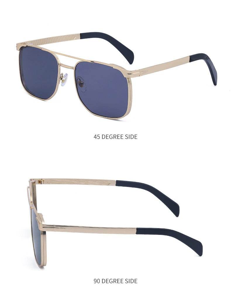 Sunglass Lover gold metal frame sunglasses with navy blue lenses and black temple tips trendy square luxury sunglasses