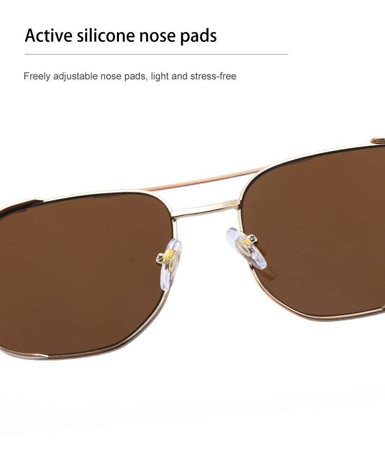 Sunglass Lover trendy square luxury sunglasses close up brown lenses gold frame with active silicone nose pads