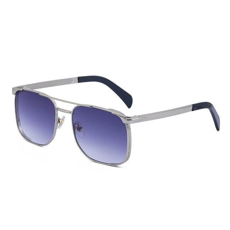Sunglass Lover silver metal sunglasses with blue gradient lenses and navy temple tips trendy square luxury sunglasses