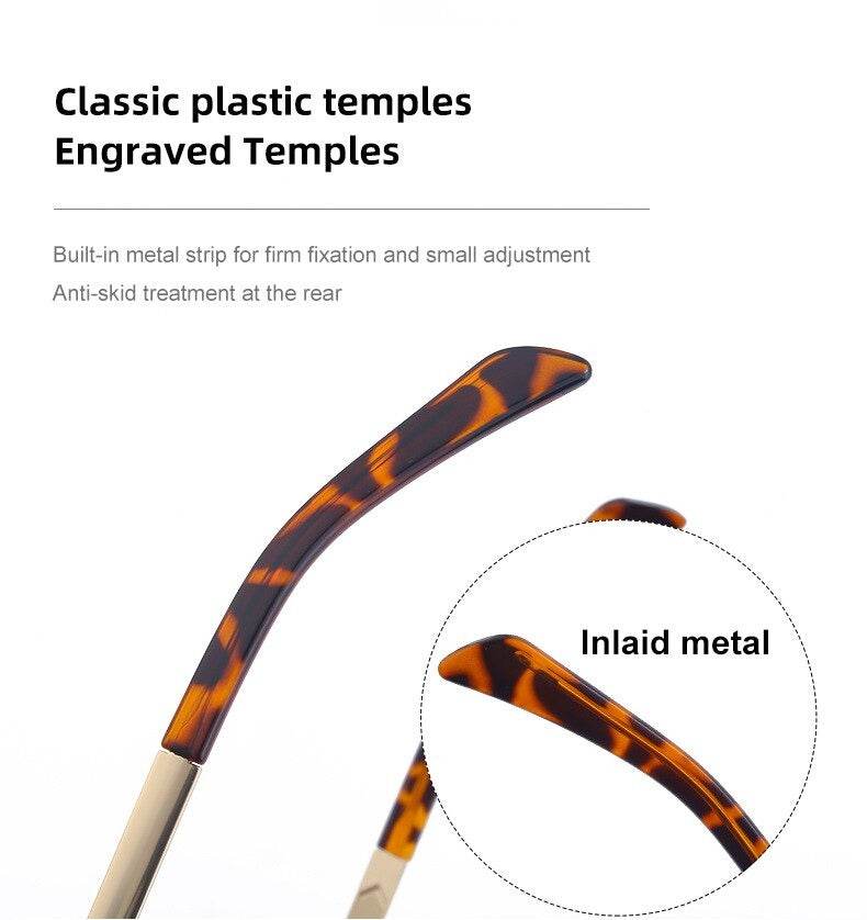 Sunglass Lover tortoiseshell plastic temples with inlaid metal strip and engraved detail for trendy square luxury sunglasses