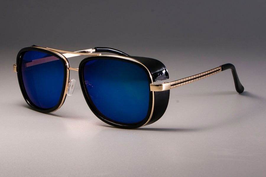 Sunglass Lover steampunk sunglasses for men with gold frame blue mirrored lenses and black side shields