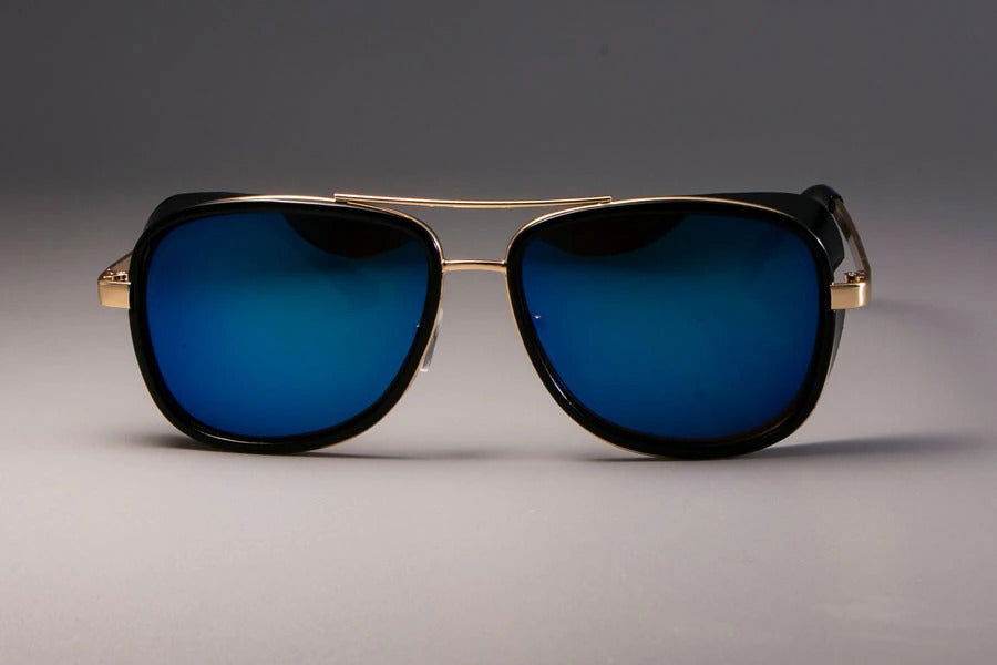 Sunglass Lover steampunk sunglasses for men with blue mirrored lenses gold double bridge and black frame