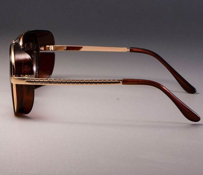 Sunglass Lover brown tortoiseshell sunglasses with gold metal temples and engraved detail steampunk sunglasses for men