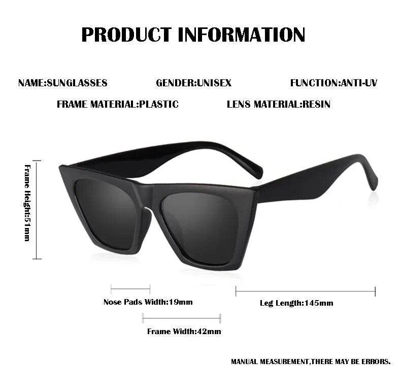 Sunglass Lover black cat eye sunglasses for women displayed with measurements anti UV resin lenses