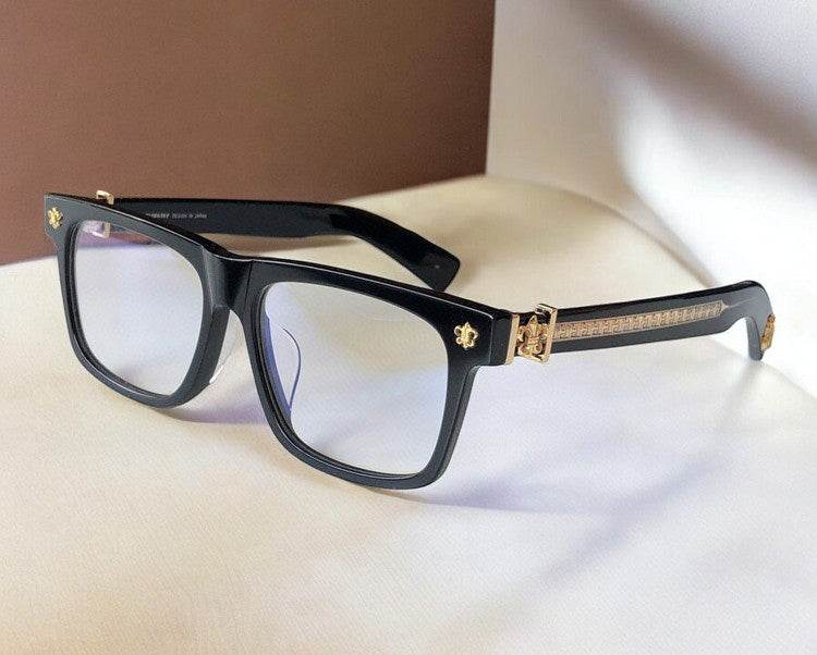 Sunglass Lover black rectangle eyeglasses with gold accents and decorative temples anti blue light glasses for men and women