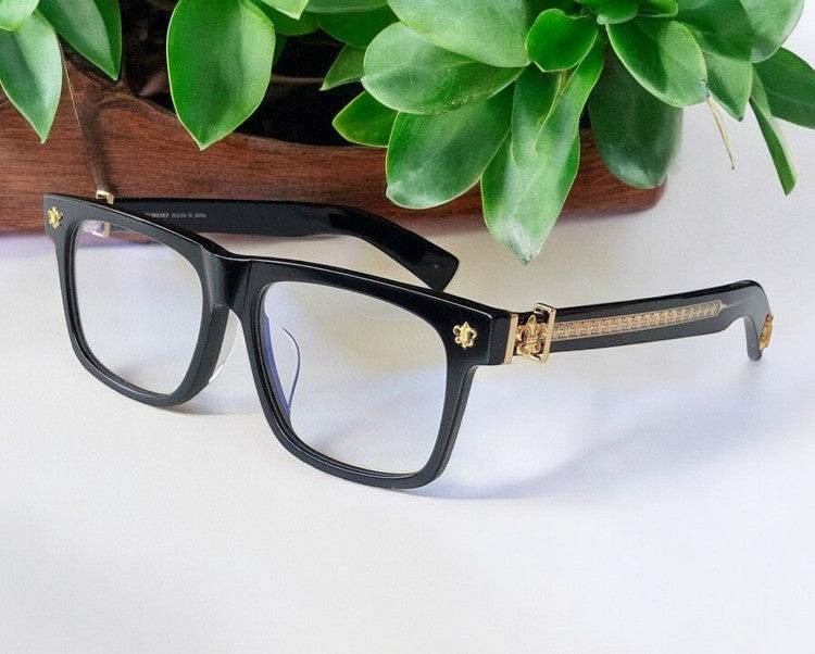 Black rectangle eyeglasses with gold temple accents by Sunglass Lover anti blue light glasses for men and women