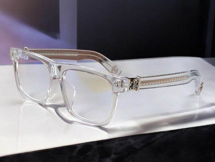 Sunglass Lover clear rectangle eyeglasses with gold temple accents anti blue light glasses for men and women