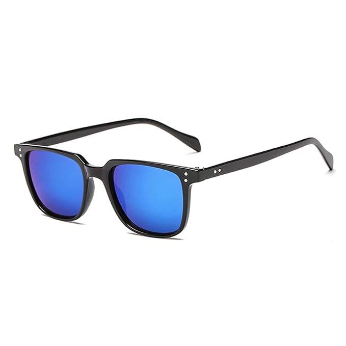 Sunglass Lover vintage square sunglasses black glossy frame with blue mirrored lenses for UV protection