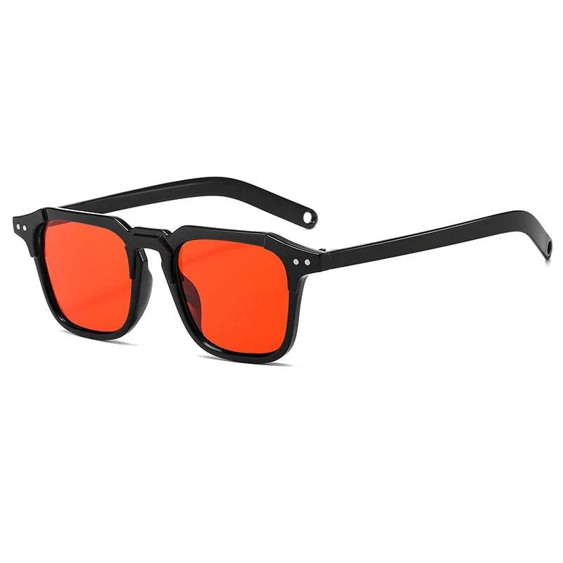 Sunglass Lover vintage square sunglasses black glossy frame with orange red mirrored lenses