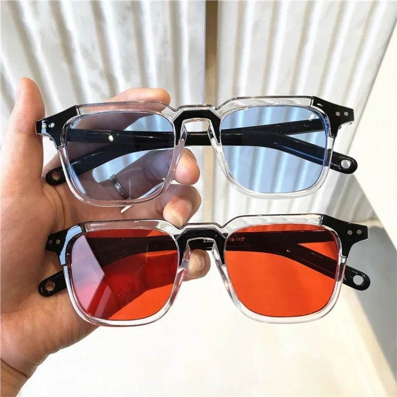 Sunglass Lover vintage square sunglasses clear frames with black brow and blue and red lenses
