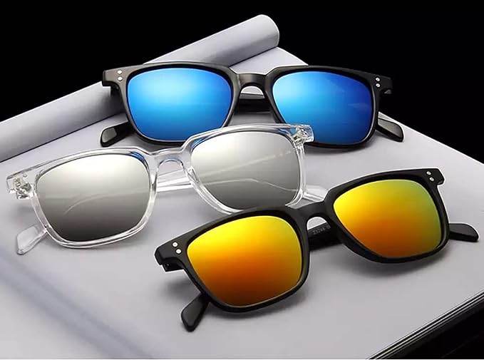 Sunglass Lover vintage square sunglasses trio with black frames blue and gold mirror lenses and a clear frame with silver mirrors