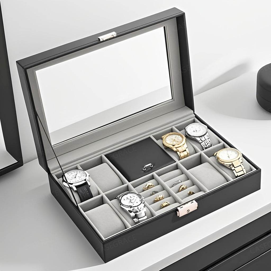 Elegant Black Flip-Top Jewelry Box – 8-Slot Faux Leather Storage Case - Sunglass Lover