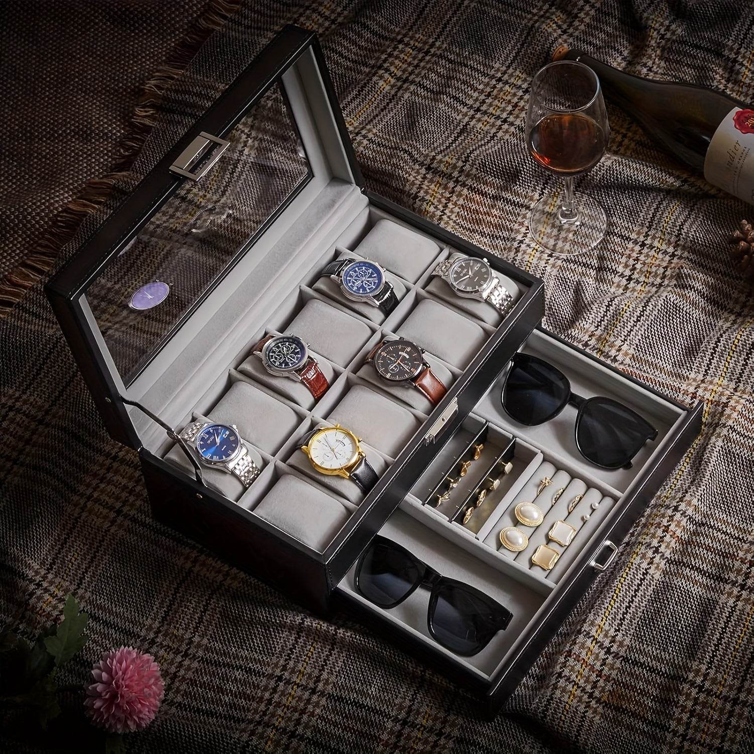 Deluxe 12-Slot Watch & Jewelry Storage Box – Faux Leather Organizer - Sunglass Lover