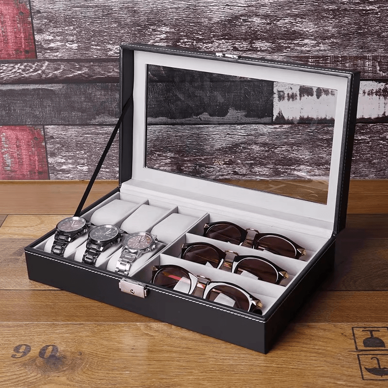 PU Leather 6-Position Watch Box with 3-Slot Sunglasses Display Storage Box - Sunglass Lover